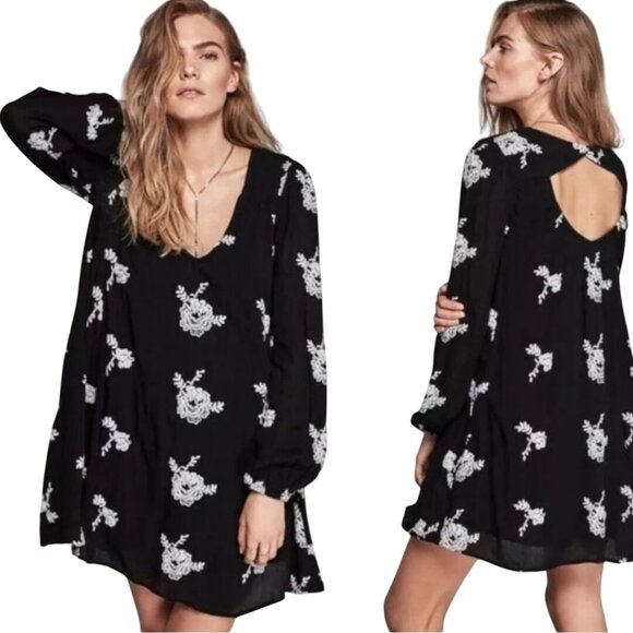 Free People Emma Austin Swing Trapeze Dress Black Embroidered Long Sleeve Size S - Picture 11 of 16